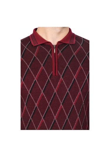 Kamalı Erkek Çelik Örgü Baklava Desenli Gömlek Yaka Fermuarlı Polo Yakalı Tüylenmez Triko Kışlık Baba Kazak Bordo