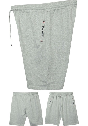 Büyük Beden 110 - 155 Kilo Arası İçin Uygun Bedenli Cepleri Nakış Detaylı Likralı Penye Erkek Şortu Gri