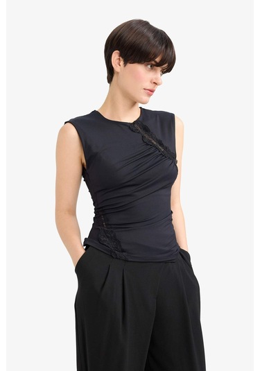 Defacto Slim Fit Dar Kesim Bisiklet Yaka Dantel Detaylı Kolsuz Bluz G4116ax25aubk81 Siyah-bk81