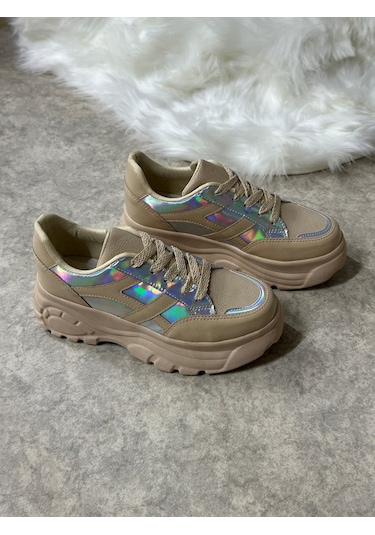 Günlük Kadın Sneaker Kalın Yüksek Taban Bağcıklı Rahat Tiger Şeritli Spor Ayakkabı 032 14- Nut Rugan Holo