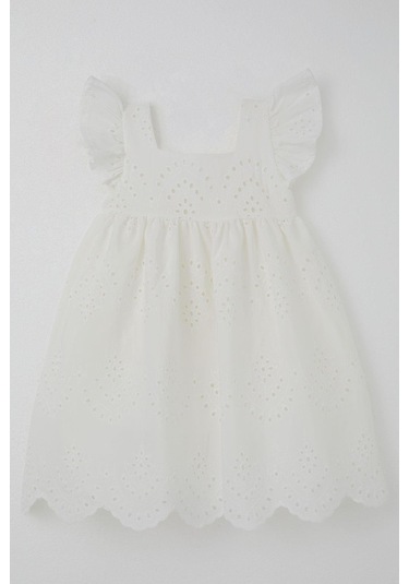 Breeze Kız Çocuk Elbise Çiçek Nakışlı Arka Kısmı Fermuarlı 3-8 Yaş, Ekru Ekru
