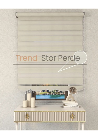 Geniş Plise Krem Boncuklu Zebra Stor Güneşlik Perde Opak Krem