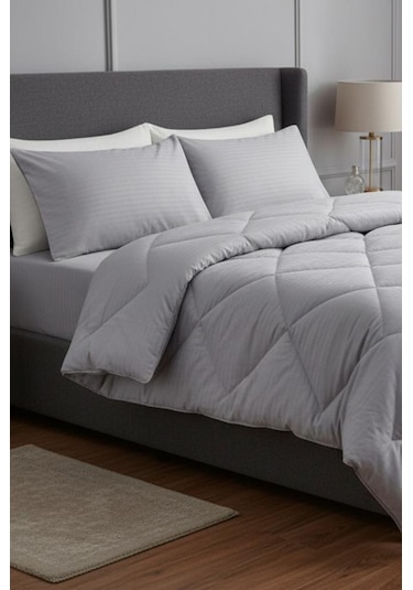 Satin Pollysaten Comforter Çift Kişilik Yorgan Seti Gri Gri