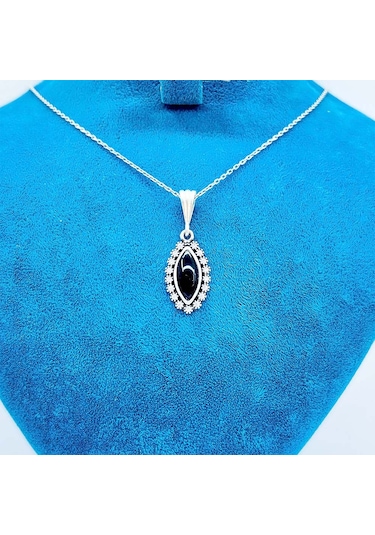 Mekik Model Zirkon Ve Oltu Taşı İşçilikli 925 Ayar Gümüş Kolye Siyah