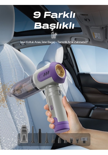 7go Ahv-14 2'si 1 Arada Kablosuz Araç İçi Süpürge Mor 18000pa Güçlü Vakum + Üfleme Cam Kırıcı & Mor