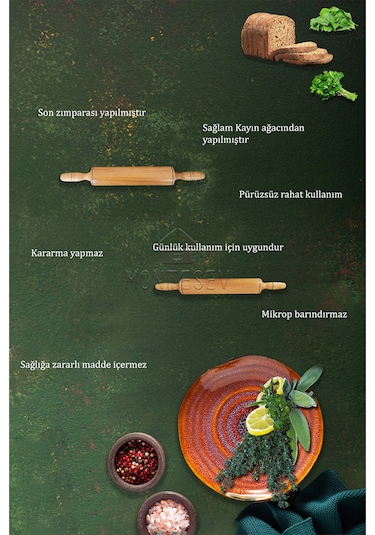 Zümrüt Serisi Dönerli Ve Sabit Ahşap Hamur Açma Merdanesi 2li Set