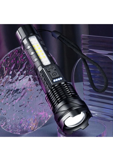 Çift Işık Kaynağı El Feneri Taşınabilir Yüksek Parlaklık Işık Dış Mekan Teleskopik Odaklama Ayarlanabilir Siyah