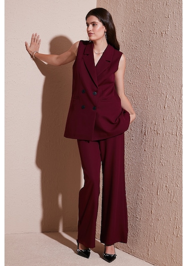Lela Oversize Fit Mono Yaka Kolsuz Düğmeli Ceket Bayan Yelek 6521177 Bordo