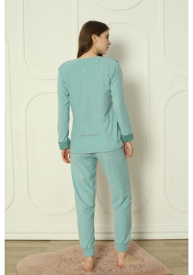 Fawn 3300 Peluş Welsoft Polar Kışlık Sevimli Tavşanlı Kadın Pijama Takımı Yeşil