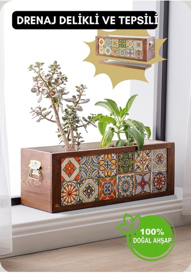 Halohope El Yapımı 6x2 Çinili Dekoratif Modern Ahşap Dikdörtgen Bahçe Balkon Saksı Saksılık Çiçeklik