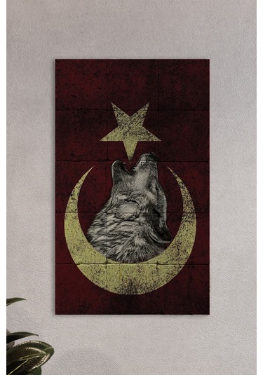 Doğal Taş Tablo Türk Bayrağı Ve Bozkurt - Duvar Dekoru, Salon Tanlosu 30x50cm