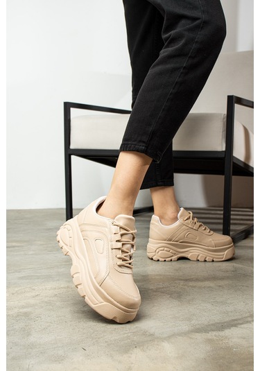Günlük Kadın Spor Ayakkabı Yüksek Kalın Taban 6 Cm Suni Deri Sneaker 001 Bej