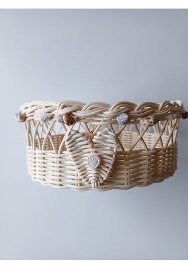 Bambu El Yapımı Çok Amaçlı Sepet Deniz Kabukları Arajmanlı 18 Cm Bej