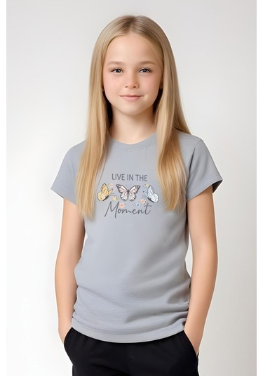 Fyk Kids Kız Çocuk Baskılı Live Kelebek Bel Detayı Lastikli Alt-üst Pijama Takımı Gri