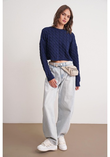6863 Kadın Saç Örgülü Crop Triko Kazak Lacivert Lacivert