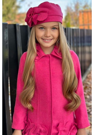 Riccotarz Kız Çocuk Yakası Taş Ve Yonca Detaylı Çıtçıt Düğmeli Fuşya Kaşe Fuşya