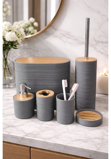 Makri Home 6 Parça Gri Banyo Seti, Bambu Detaylı, 8l Çöp Kovası 24x26x16 Cm