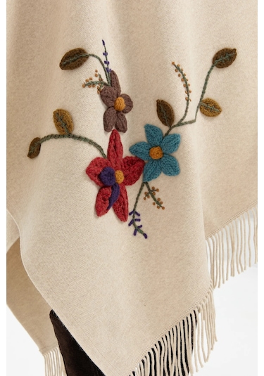 Desen Triko Kadın Örgü Çiçek İşlemeli Püsküllü Şal 24073 T.melanj T.melanj Taş