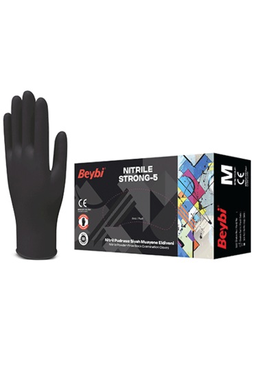 Strong-5 Pudrasız Siyah Nitril Muayene Eldiveni - 100'lük Kutu M