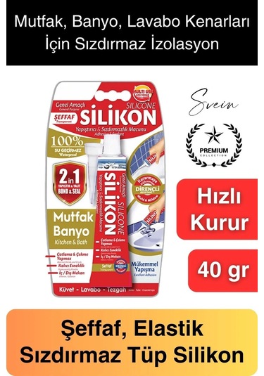 Premium 40 Gr Üniversal Sızdırmaz Şeffaf Tüp Silikon Mutfak Banyo Küvet Kenarı Elastik İzolasyon