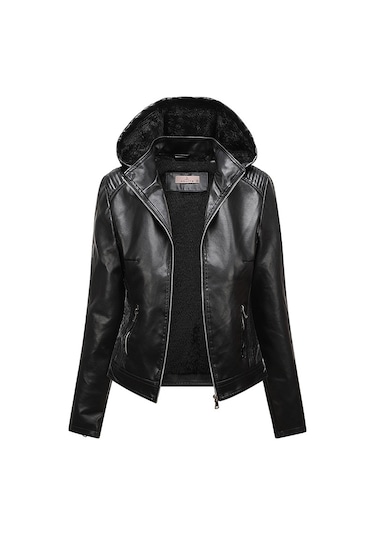 Kapüşonlu Peluş Deri Ceketli Kadın İlkbahar Ve Sonbahar Ceketi Kahverengi