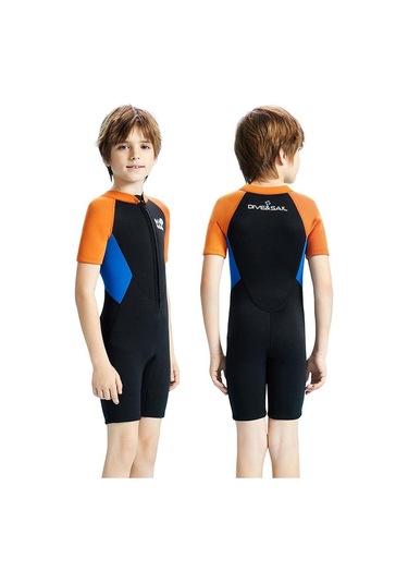 Dıve & Saıl 2.5mm Kısa Kollu Tek Parça Sıcak Çocuk Wetsuit Şnorkel Soğuğa Dayanıklı Mayo Siyah - Turuncu