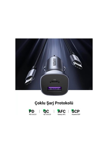 Ugreen 30w Qc Pd Alüminyum Araç Çakmaklık Şarj Cihazı 1xusb-c, 1xusb-a, Gri, 40858