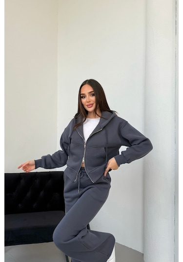 Mezka Kadın Çift Fermuar Detaylı Kapüşonlu Kışlık Şardonlu Oversize Eşofman Takımı Füme