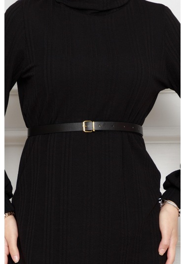 Balıkçı Yaka Kemerli Elbise-siyah-4552 Siyah