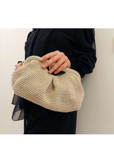 Parlak Tutmalı El Çantaları , El Yapımı Işıltılı Clutch, Örgü El Çantası Bej - Bej