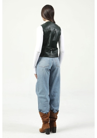 Dericlub Dc-001 Hakiki Deri Kadın Yelek Yeşil