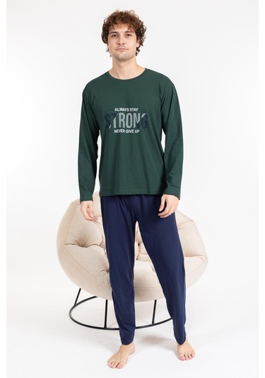Erkek Penye Pamuk Regular Kalıp Sıfır Yaka Kaliteli Pijama Takımı A803123 Yeşil