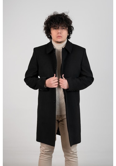 Yakalı Klasik Kesim Düğmeli Uzun Kaşe Erkek Kaban Siyah