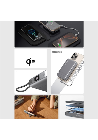 Lenyes Pw1009d Pd 35w Qi2 Teknolojili Wireless Powerbank Type-c Kablolu Standlı 15w 10000mah Gri