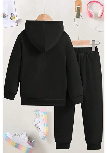 Mantar Baskılı Erkek - Kız Rahat Eşofman Takımı Siyah