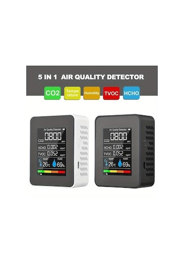 Boatshop1 5 İn 1 Hava Kalite Monitörü Pm2 5 Pm10 Hcho Tvoc Co2 Dedektörü Gerçek Zamanlı Usb Şarjlı Pil Renkli Lcd Ekran Siyah