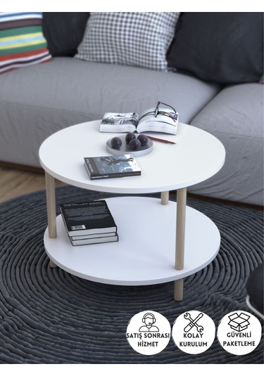 Yuvarlak Orta Sehpa Ahşap Ayaklı Sehpa Iki Raflı Sehpa Dekoratif Sehpa Gazetelikli - Beyaz - 60cm Beyaz