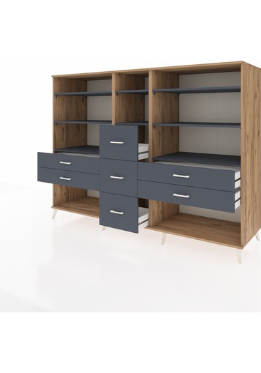 Kronos Dolap 8 Raflı 7 Çekmeceli 220x59x163 Çam-antrasit Çam-antrasit