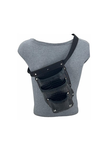 Hakiki Deri Kroko Cepli Tekniker Çivi Önlüğü Bel Çantası Siyah