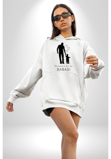 Babalar Günü Dünyanın En İyi Babası Kadın Erkek Beyaz Kapüşonlu Sweatshirt Hoodie Beyaz