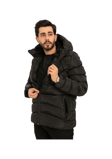 Erkek Kapüşonlu Polarlı Kürklü Su Geçirmez Rüzgara Dayanıklı Şişme Mont Kaban Parka Siyah