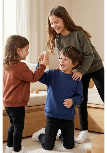 Zuzunga 3'lü Basic Şardonlu Çocuk Sweatshirt Kahverengi-haki-lacivert