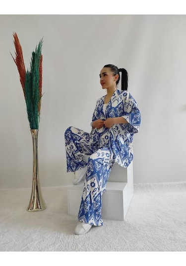 Moda Desenli Ikili Kimono Takım Rahat Kalıp Mavi