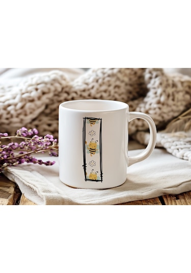 I Harfi Arı Desenli Kupa - Sevimli Hayvan Temalı Kişiye Özel Kahve Kupası - Şans Kupası Beyaz