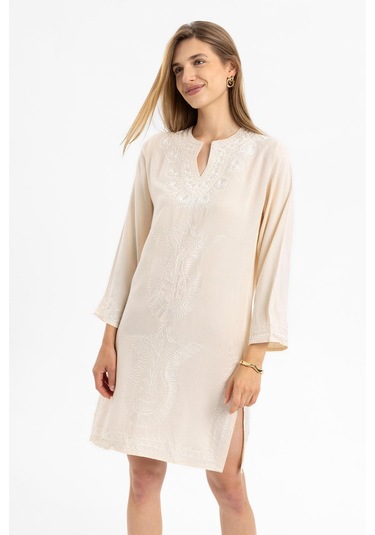 Krem İşlemeli Uzun Kollu Astarsız Pamuklu Kısa Elbise-krem Krem