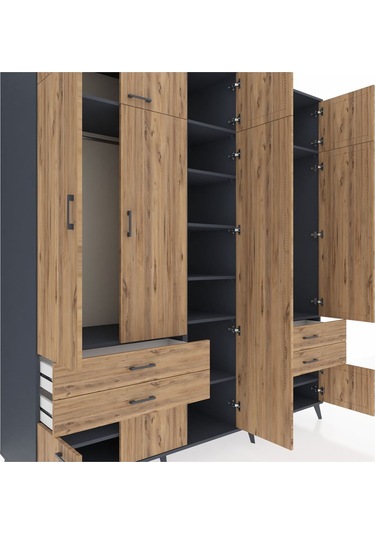 Kronos Dolap 12 Raflı 4 Çekmeceli 2 Askılı 220x59x243 Antrasit-çam/çam Atlas Çam/atlas Çam
