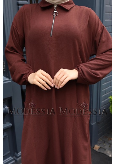 Kadın Kahve Aerobin Uzun Önü Yarım Fermuarlı İkili Takım T1218 Kahve Kahverengi