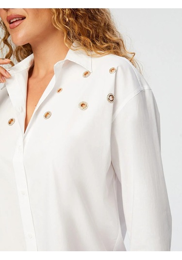 Faik Sönmez Taşlı Trok Aksesuarlı Poplin Kadın Gömlek W26gml008 Beyaz