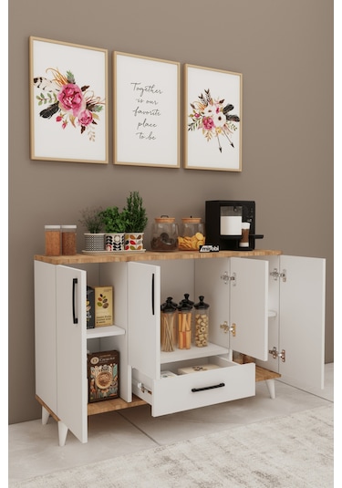 Nedudo Kahve Köşesi Çok Amaçlı Dolap 4 Kapaklı 1 Çekmeceli Kiler Mutfak Dolabı Beyaz Atlantik Beyaz - Atlantik Çam