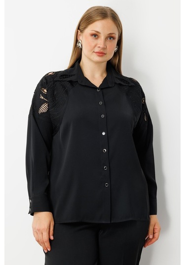 Moda İlgi Kadın Büyük Beden Nakış Detaylı Oversize Gömlek 0041 Siyah Siyah